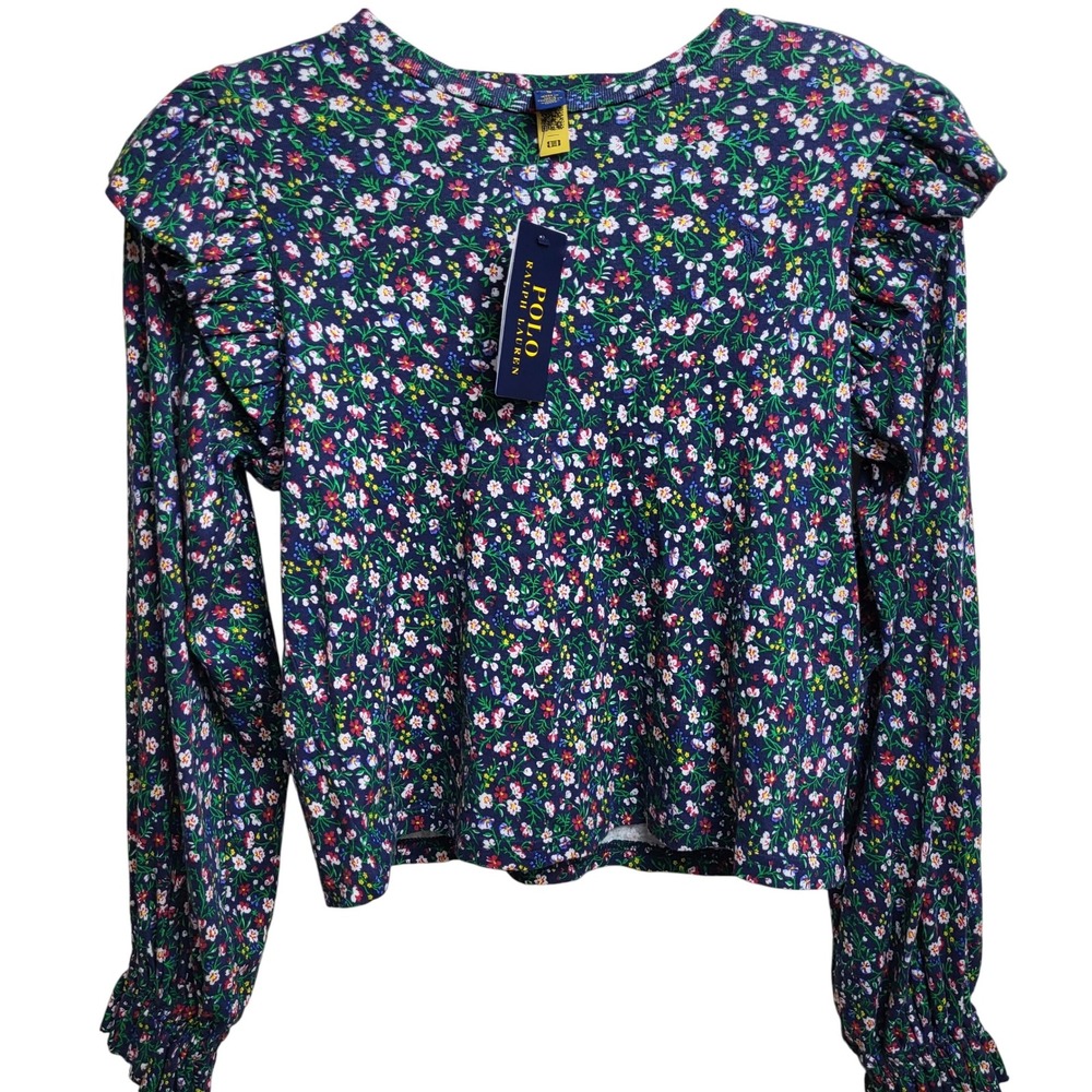 Polo Ralph Lauren Kids Large 12-14 Girls Floral Print Long Sleeve Top Size Navy
